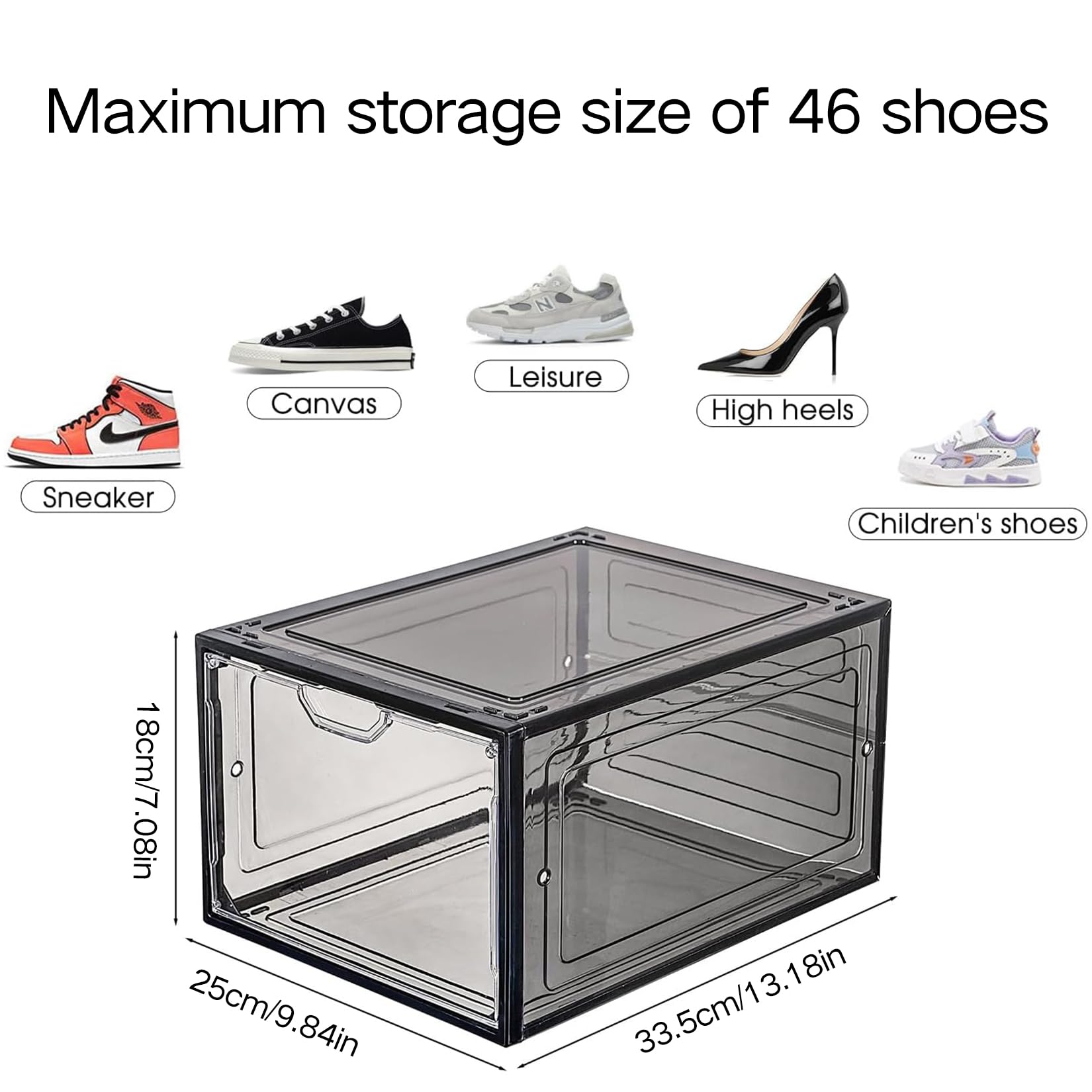 Cajas para Zapatos Transparentes, 6 Cajas de Zapatos,Organizadores Plegables,Apilables, para Exponer Zapatillas, Tacones Altos, Transparente y Negro con tapas para Mujeres/Hombres（33.5x25x18cm）