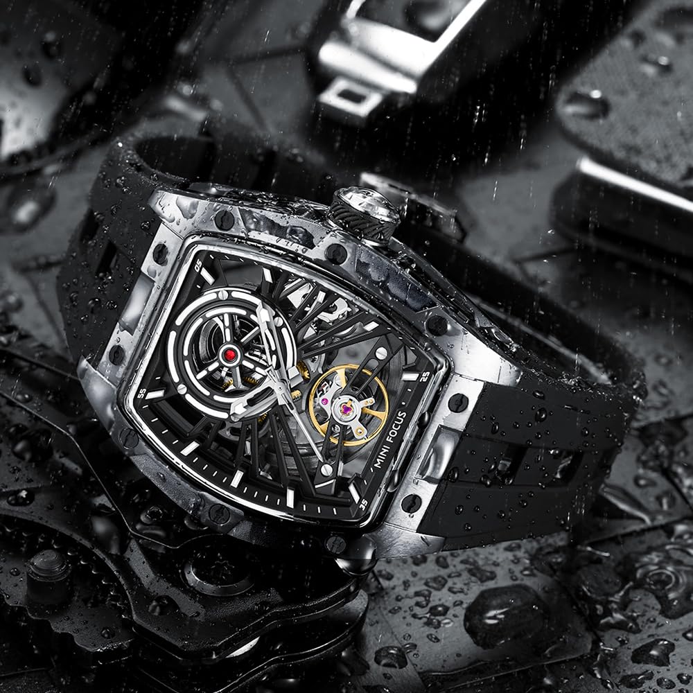 AIMES Tonneau Herren-Automatikuhr, luxuriöse Skelett-Uhren für Herren, automatischer Aufzug, mechanisch, wasserdicht, analog, einzigartig, cool, quadratisch, großes Zifferblatt, Armbanduhr mit