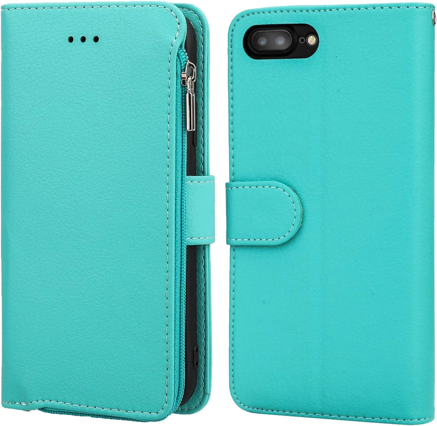 KIHUWEY for iPhone 8 Plus/7 Plus Wallet Case Premium Leather Zipper Pocket with Credit Card Holder and Wrist Strap,Kickstand and Protective Purse Cover for iPhone 7/8 Plus 5.5 Inch Mint Green