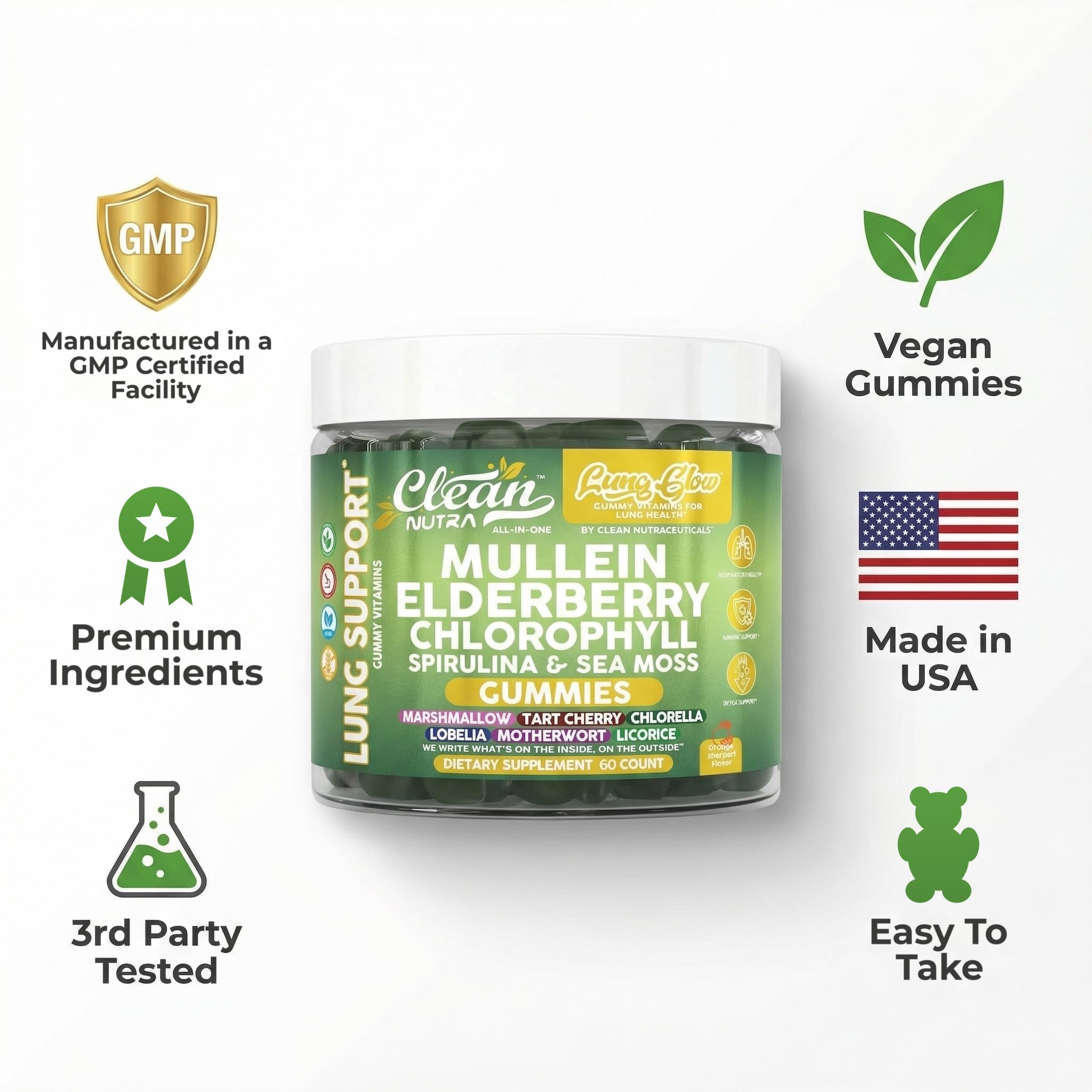 Clean Nutra Mullein Gummies for Lung Health Support with Elderberry Chlorophyll Spirulina Tart Cherry Sea Moss Vitamin C Lutein Marshmallow Root Licorice Root Superfood Greens Mucus Relief 60 Gummies — Amazon image 8