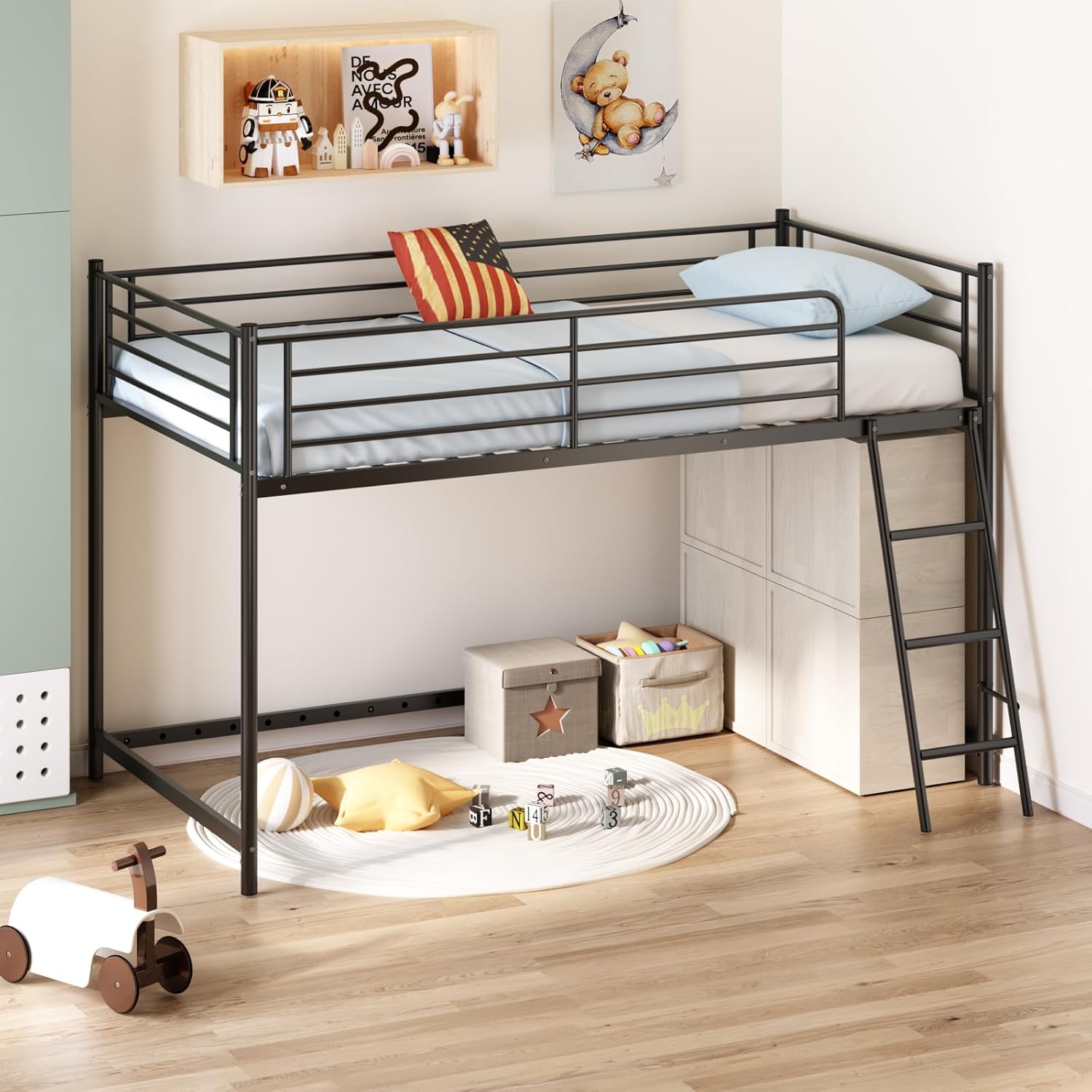 JOYMOR Twin Low Loft Bed Frame with Inclined Ladder & 15" Guardrail - Metal Space-Saver for Kids Boys Girls, Black (Mattress Not Included)