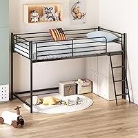 JOYMOR Twin Low Loft Bed Frame with Inclined Ladder & 15" Guardrail - Metal Space-Saver for Kids Boys Girls, Black (Mattress Not Included)