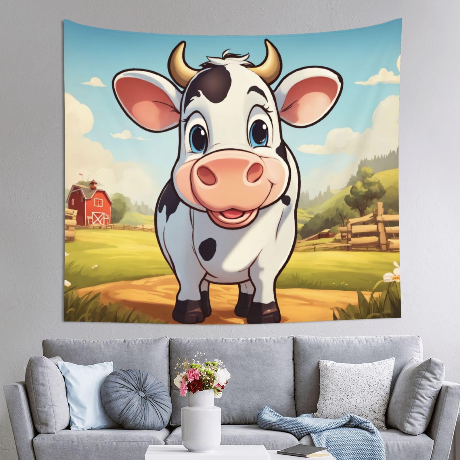 Tapiz grande de vaca de dibujos animados para decorar paredes de forma fácil 8
