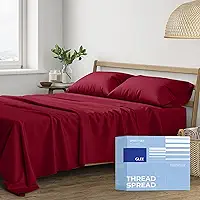 Jogo de lençol Thread Spread Queen 100% algodão – 400 fios de algodão Queen apenas, conjunto de 4 peças (bordô), ultramacio, respirável, resfriado, lençol de cama com bolso profundo de 40,6 cm para