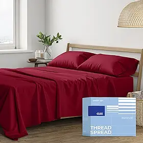 Jogo de lençol Thread Spread Queen 100% algodão – 400 fios de algodão Queen apenas, conjunto de 4 peças (bordô), ultramacio, respirável, resfriado, lençol de cama com bolso profundo de 40,6 cm para