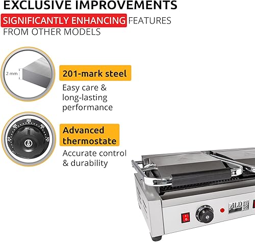 Miniatura 4 de ALDKitchen Prensa Panini doble  Sandwichera semicanal y semicapa  Placas de hierro fundido  Revestimiento antiadherente  110 V (acanalado 9 x 9
