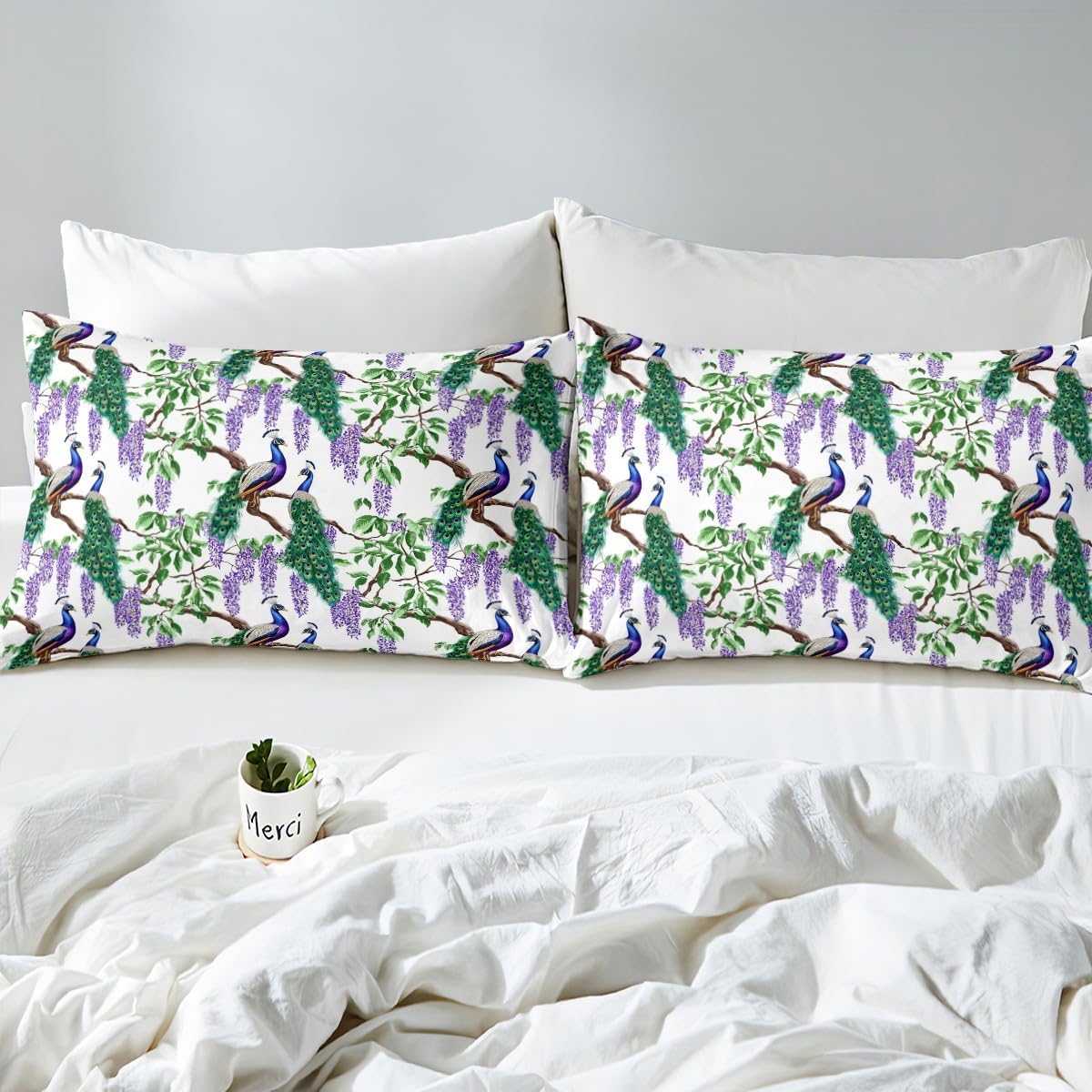 jejeloiu Peacock Bedding Set Toddler Size Animal Theme Bedding Duvet Cover Set Boys Girls Wisteria Flower Comforter Cover Set Floral Botanical Bedspread Cover Purple Flower Quilt Cover 2Pcs