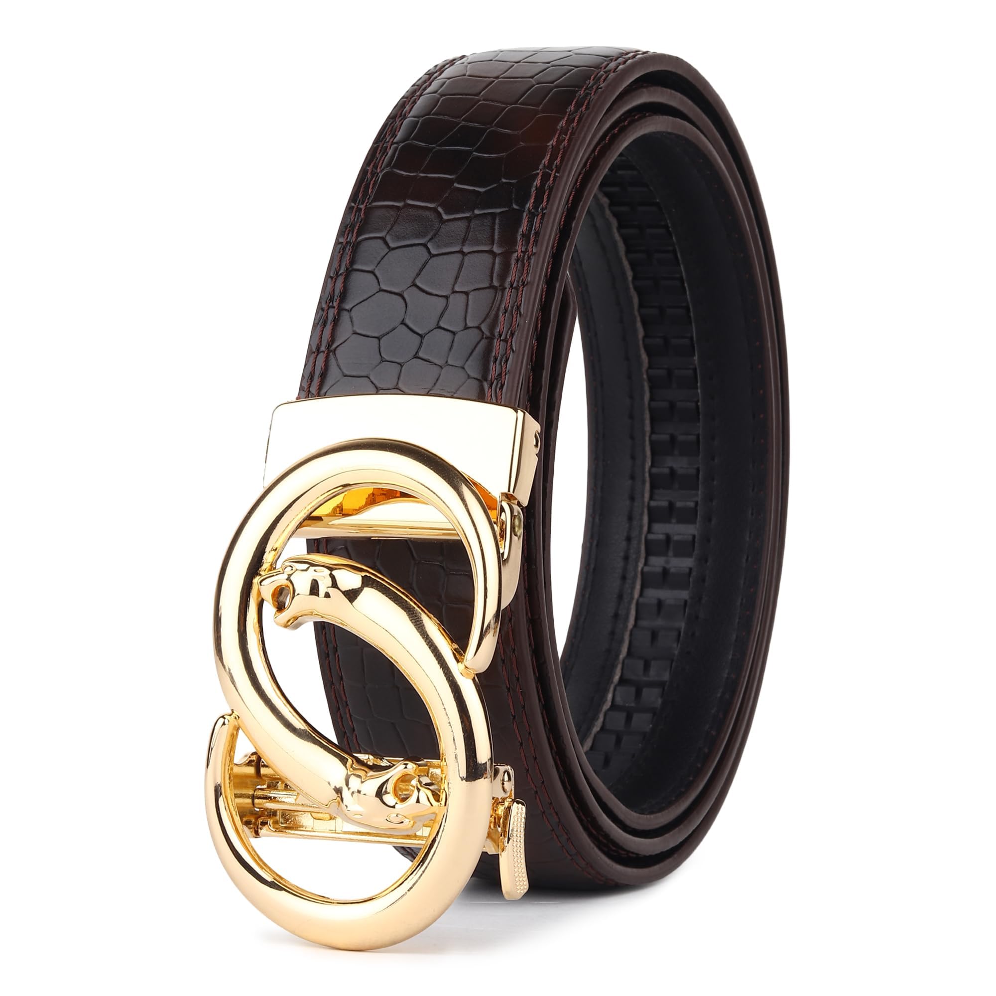 urban alfami Men's Vegan Leather Belt, Brown, Automatic Ratchet Buckle, for Casual and Formal Wear-picture-13
