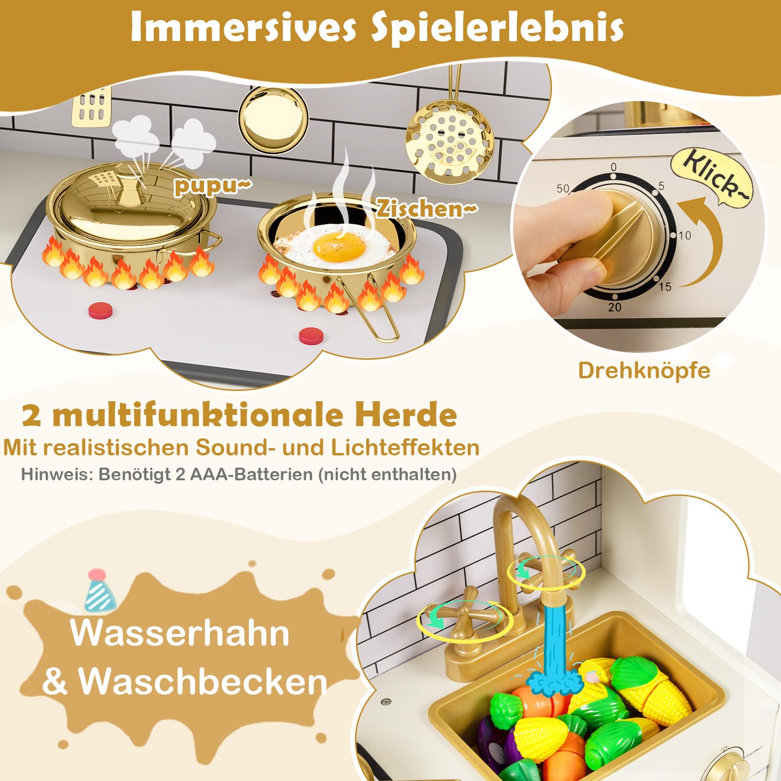 COSTWAY Kinderküche, Spielküche mit Licht und Sound, Holzküche inkl. Zubehör mit Spüle, Eisspender, Mikrowelle, Wasserspender & Ofen, Spielzeugküche für Kinder ab 2 Jahren