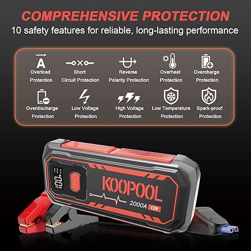 Miniatura 3 de Arrancador de batería de coche ultra potente de 2000 A compatible con motores de gasolina de hasta 7.0L y 5.5L Diesel. Caja de salto portátil de 12