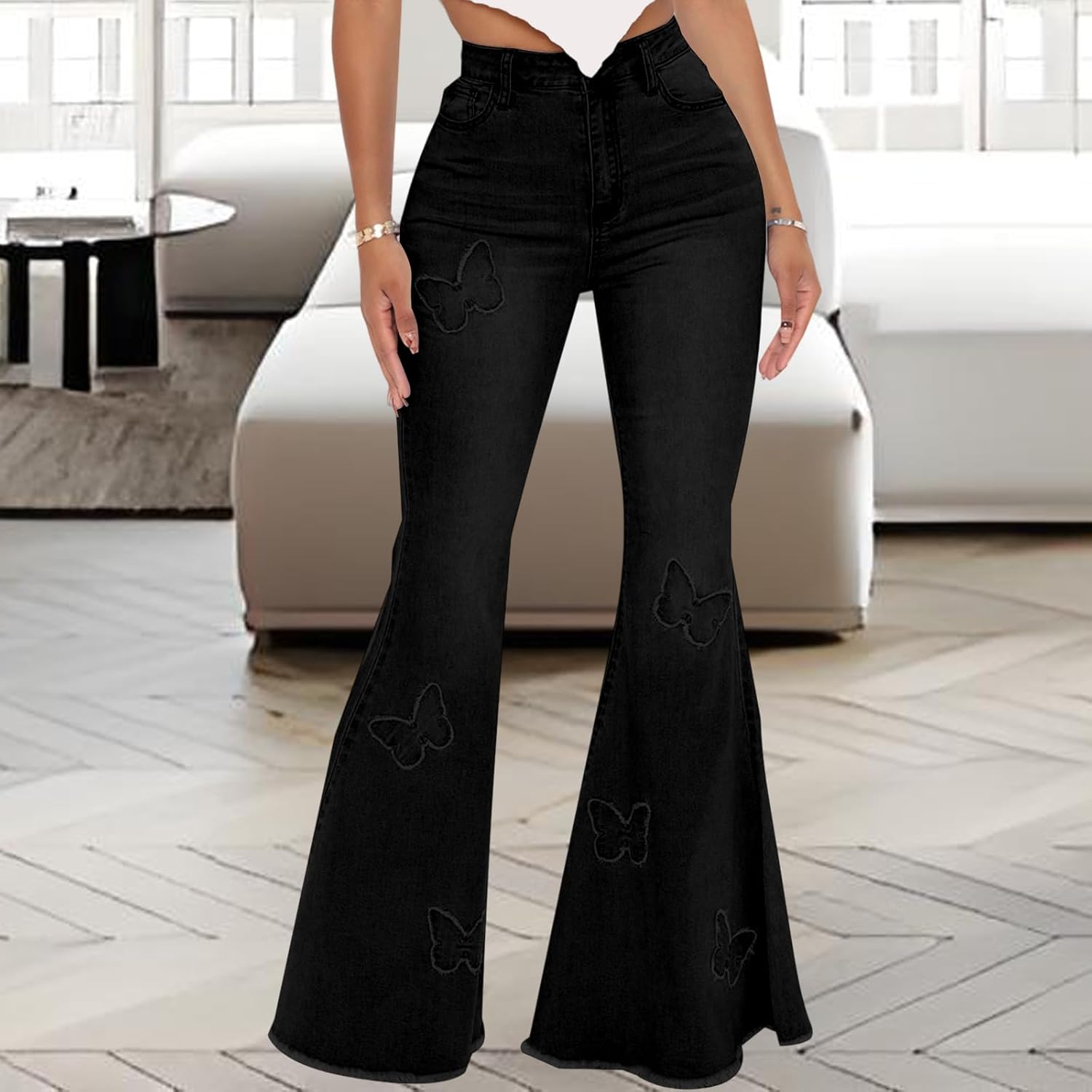 Women's Butterfly Bell Bottom Jeans Elastic High Waisted Embroidered Classic Flareed Jeans Raw Hem Denim Pants with Pocket - Image 8