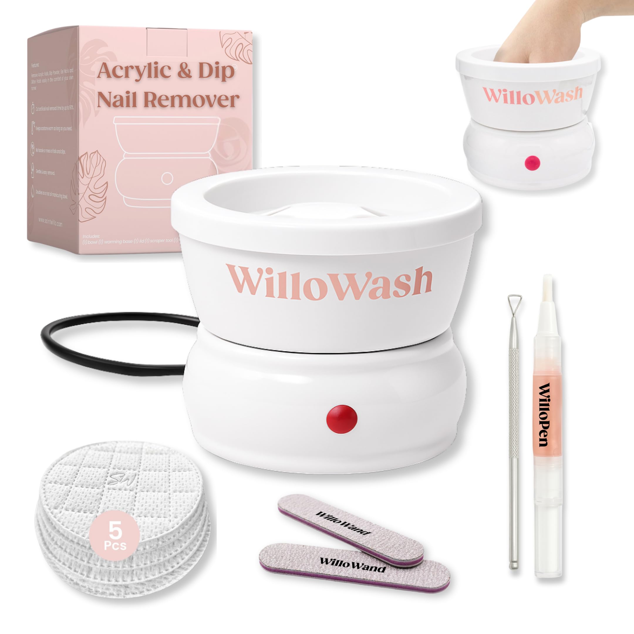 Willowash Electric Nail Soaking Bowl – Acetone-Proof Acrylic Nail Remover Kit for Home – Dip Powder & Acrylic Soak Off Bowl – 100% Pure Acetone Warmer Machine, Manicure Soaking Bowl with Tools
