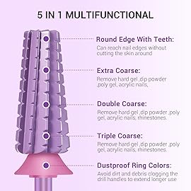 MelodySusie Super Cut Edition 5 in 1 Nail Drill Bits, 3/32\'\' Carbide Tungsten Multi-function Bits, Suitable for Manicure Pedicure Cuticle Gel Polishing, Purple, Series Bit-M, Triple Coarse