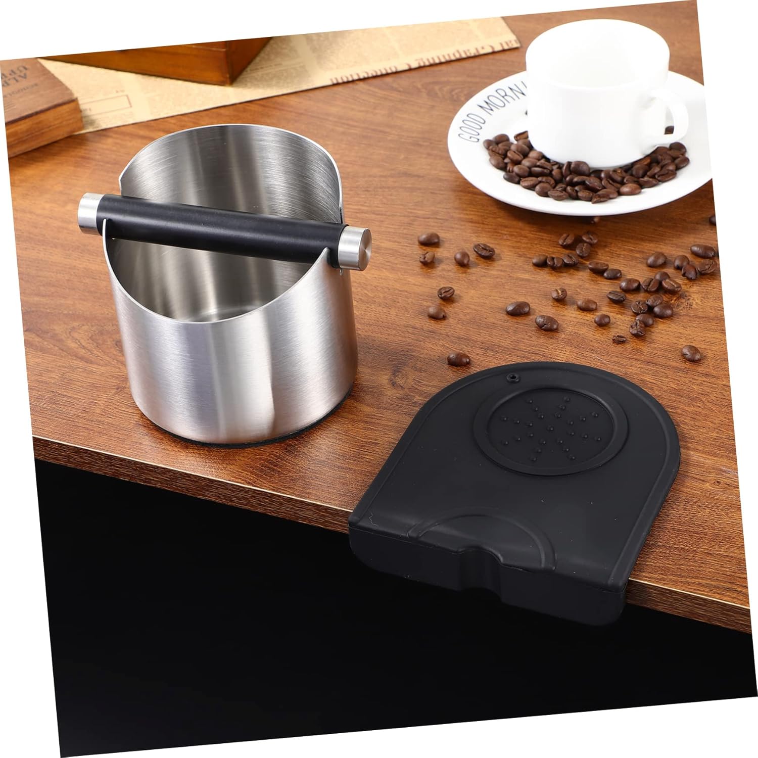 Stainless Steel Coffee Grounds Bin with Removable Knock Bar and Non-slip Pad Espresso Grind Container for Home Cafe and Restaurant Use