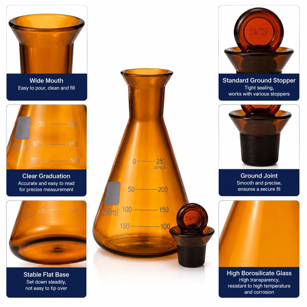 VIDOO Matraz Erlenmeyer Ámbar de Vidrio Borosilicato con Tapón Esmerilado, Frasco Cónico de Laboratorio con Protección Contra la Luz, 2000ml