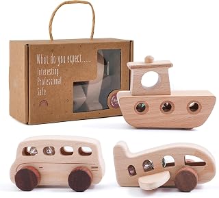 WOODENTEETHER Wooden Cars for Toddlers 1-3: Bus, Airplane, Boat Montessori Rattle Toys with Rolling Beads, Safe for Babies 0+