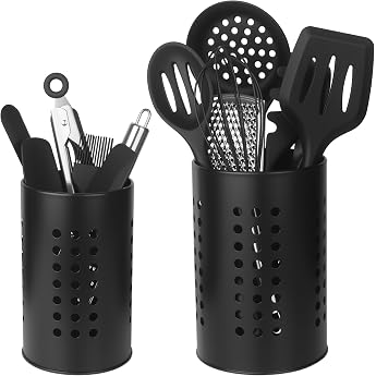 Pack of 2 Kitchen Utensil Holder Black Stainless Steel Black Utensils Caddy Kitchen Utensil Storage Kitchen Utensils Organiser Made of Stainless Steel for Worktop Kitchen Storage
