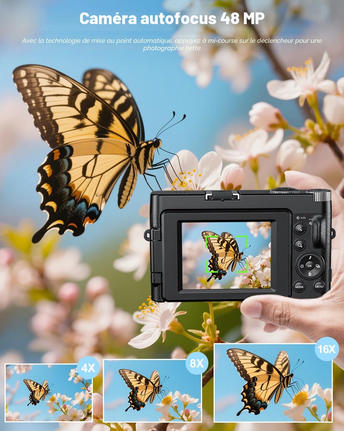 Appareil Photo Numérique 4K,48MP Autofocus avec Écran Rabattable 180°, Zoom Numérique 16X Appareil Photo vlogging avec Carte 32GB, 2 Batteries, pour Débutants