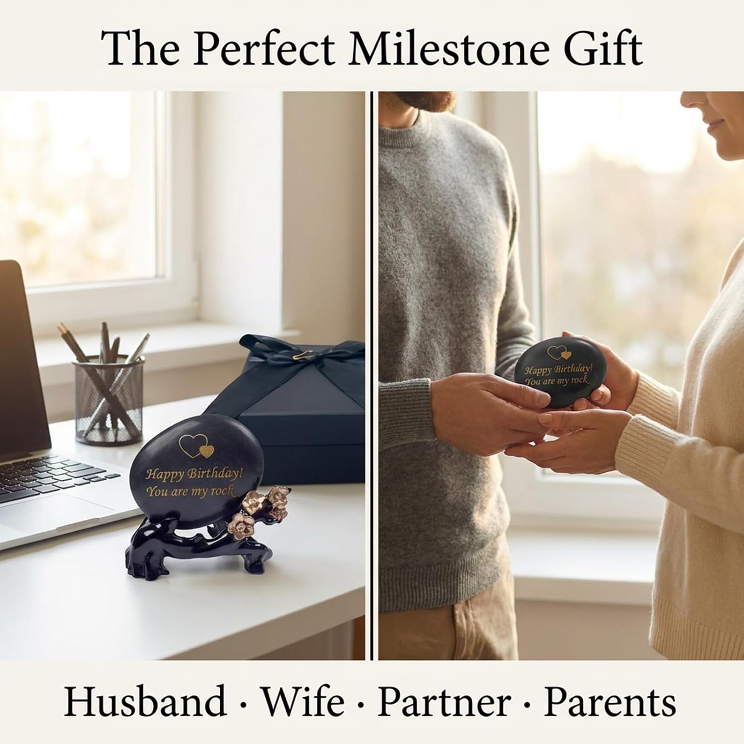 Engraved Natural Stone with Resin Stand Happy Birthday Keepsake Milestone Birthday Gift for Wife Husband Boyfriend Girlfriend Decorative Stone with Gift Box
