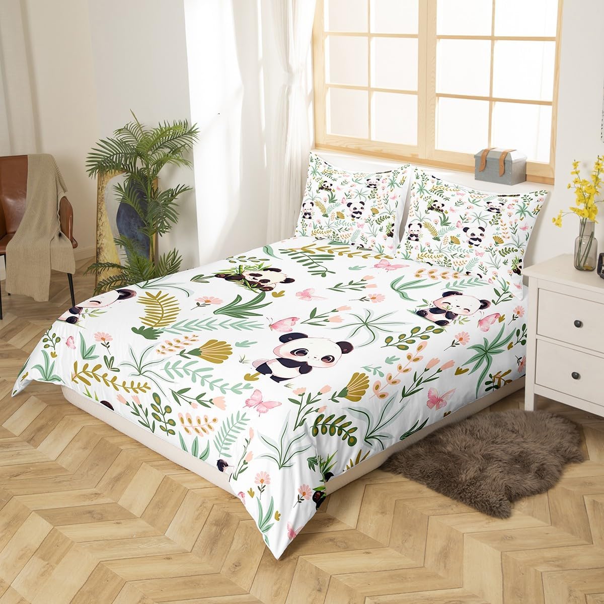 Cute Panda Duvet Cover Set Full Size,Kawaii Black White Panda Leaves Plant Comforter Cover with 2 Pillowcases,Cartoon Animal Pink Butterfly Breathable Bedspread for Boys Teens
