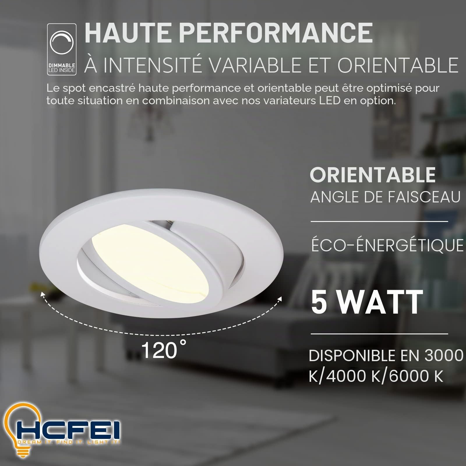 HCFEI Lot de 6 Spot Encastrable Complete Orientable Blanc avec Dimmable Ampoule GU10 Module 5W 230V eq. 50W Lumiere Blanc Chaud 3000K