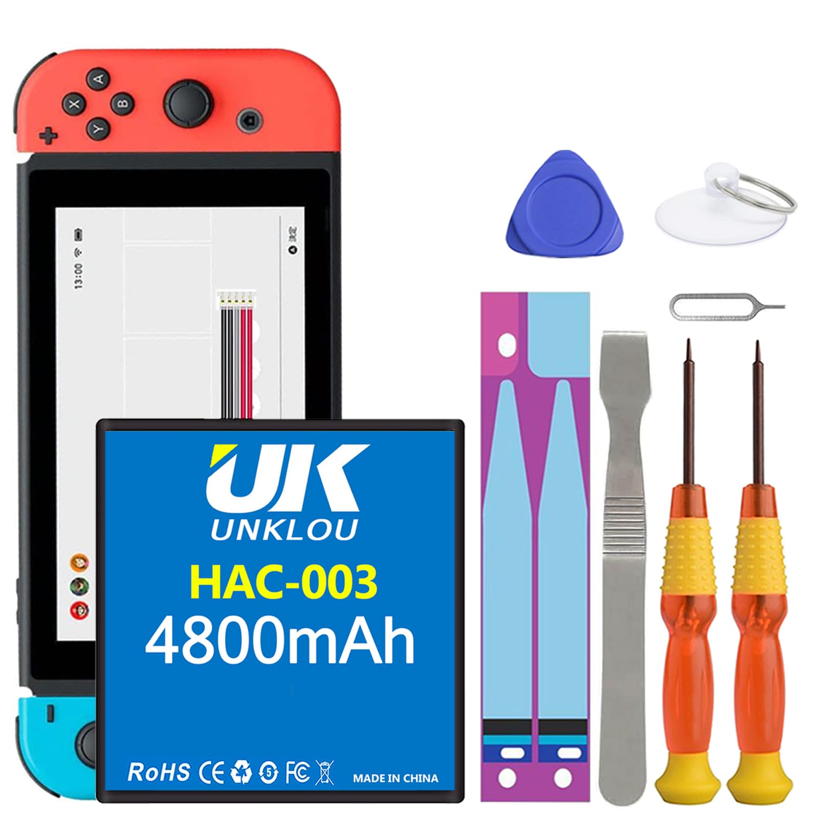UNKLOU HAC-003 Battery, Newest 4800mAh Li-Polymer Replacement Battery for Switch 2017 Game Console HAC-001 Internal Battery, Part Number HAC-003 HAC-A-BPHAT-C0 with Repair Replacement Tool Kit