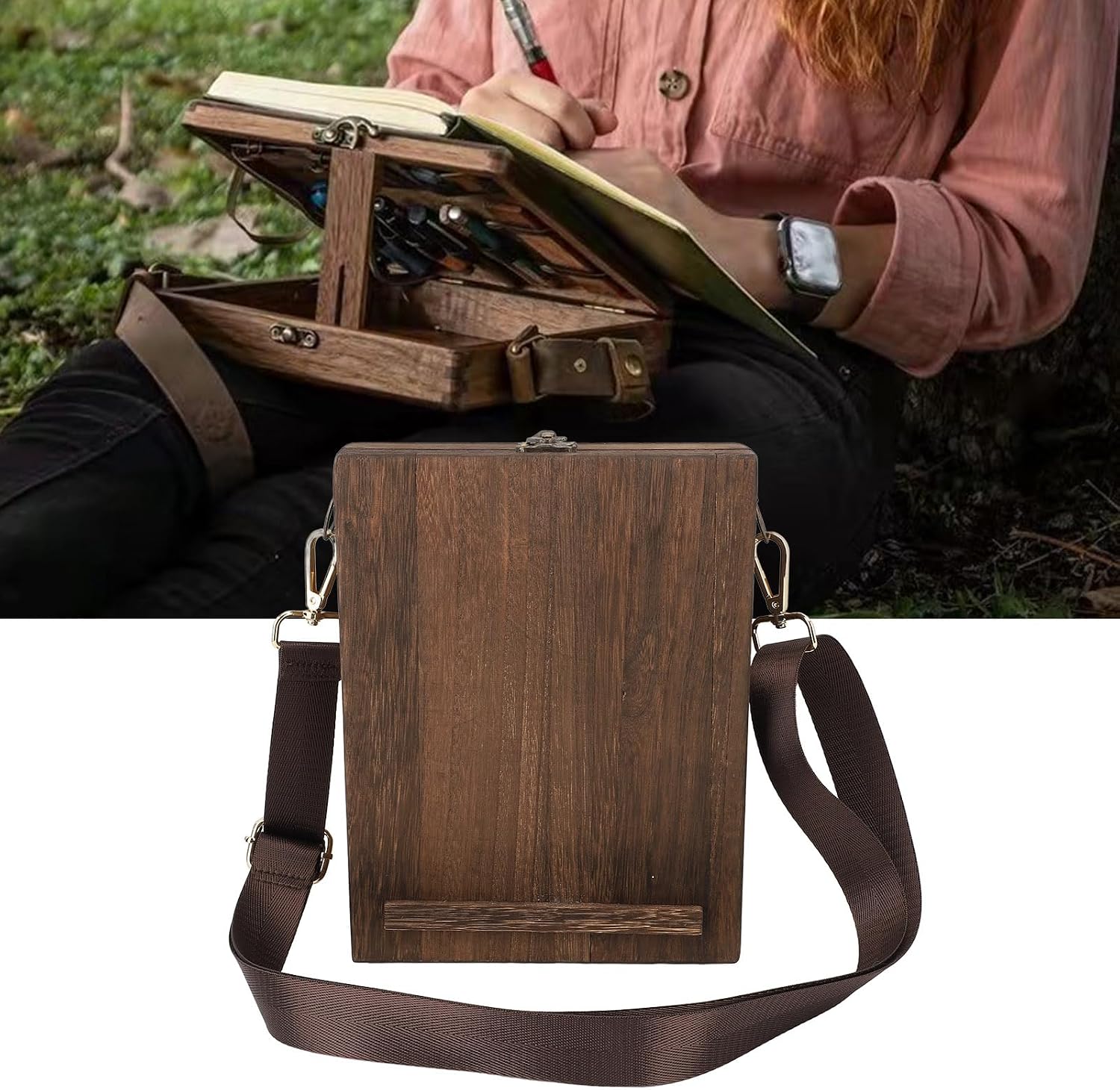 Writers Messenger Wooden Box, Wood Satchel Briefcase with Pen Slot, Portable Artist Tool Bag for Outdoor Painting