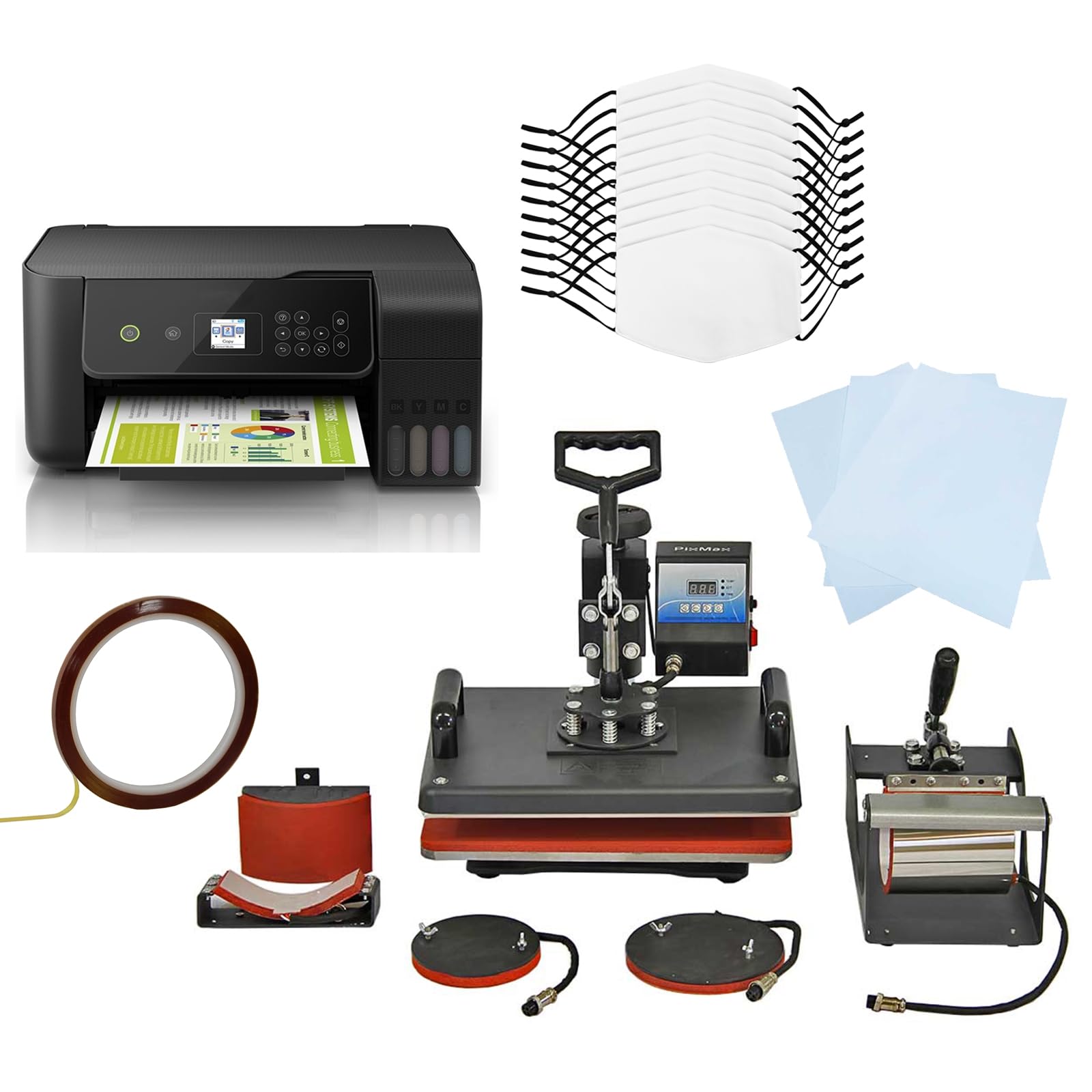 Rackhams 10 Sublimation Face Masks, 5 In 1 Heat Press & Eco Tank Printer