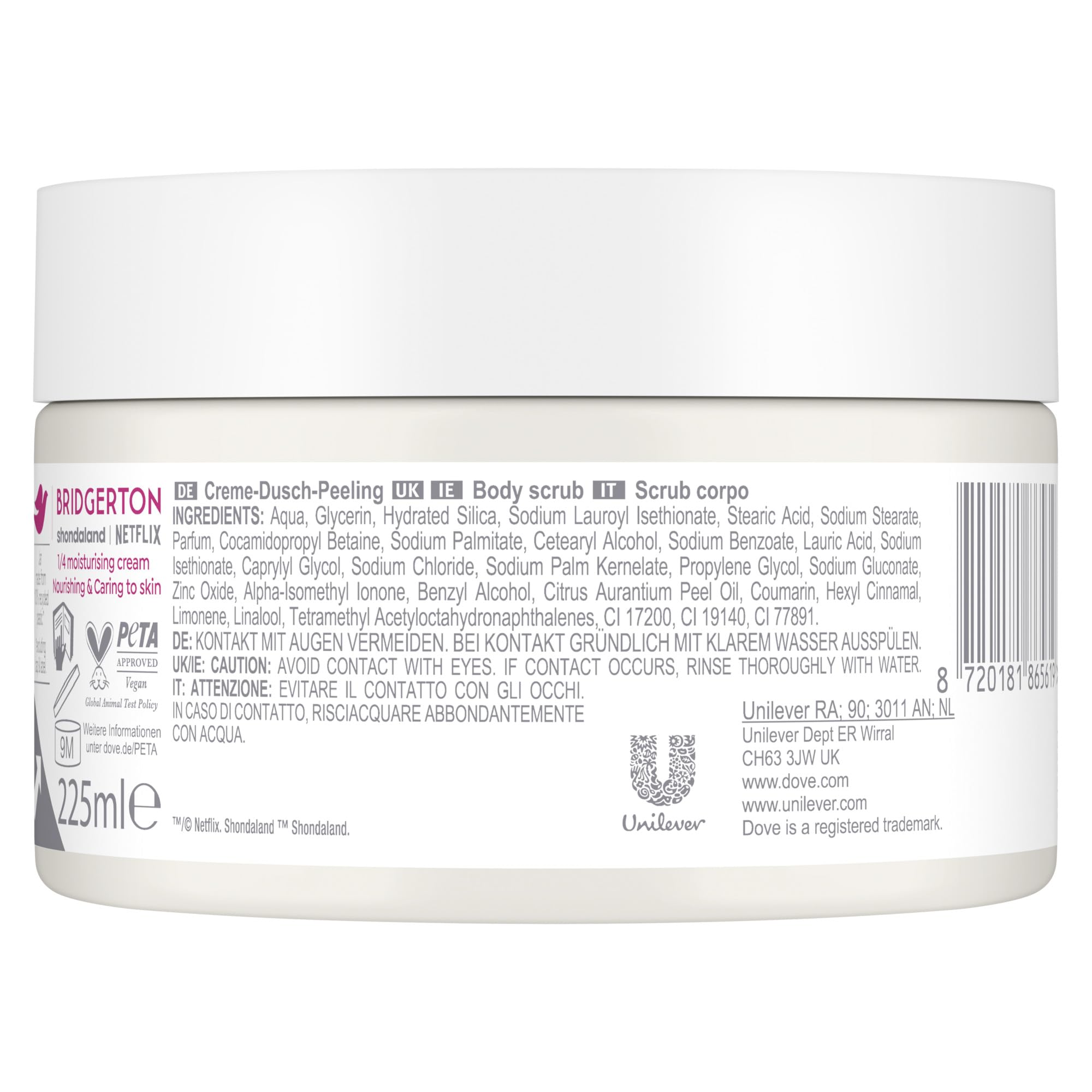 Dove Creme-Dusch-Peeling Raspberry Rendezvous Limited Edition Körperpeeling für geschmeidige Haut 4x225 ml