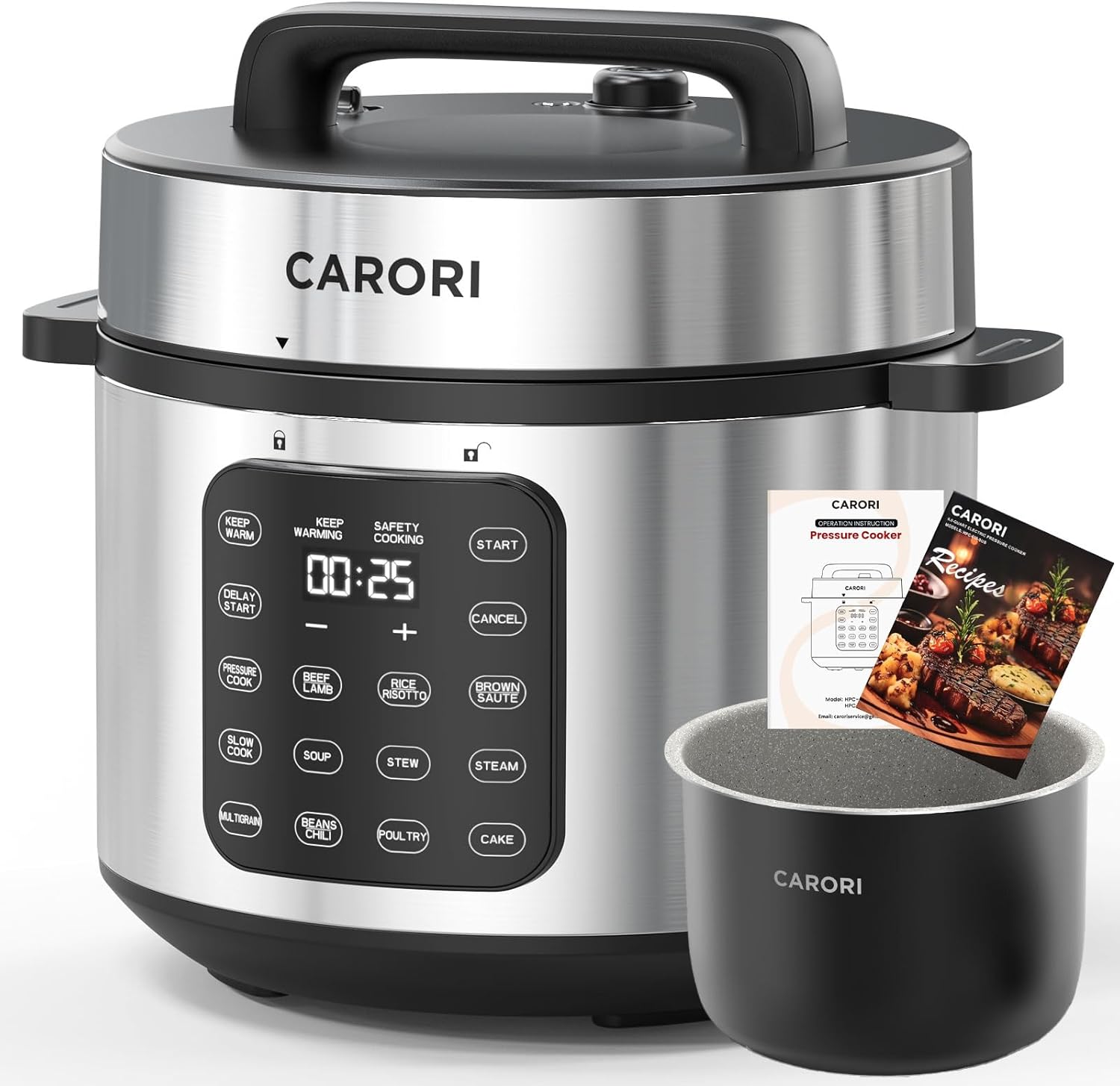 CARORI 8Qt,9-in-1,1200W Electric Pressure Canner, IMD Touchscreen, Non-Stick Pot. Quick, Time-Saving, Healthy. Olla de Presion (Ollas). Safe Venting.Rice,Slow,Steamer, Sauté, Warmer, Silver