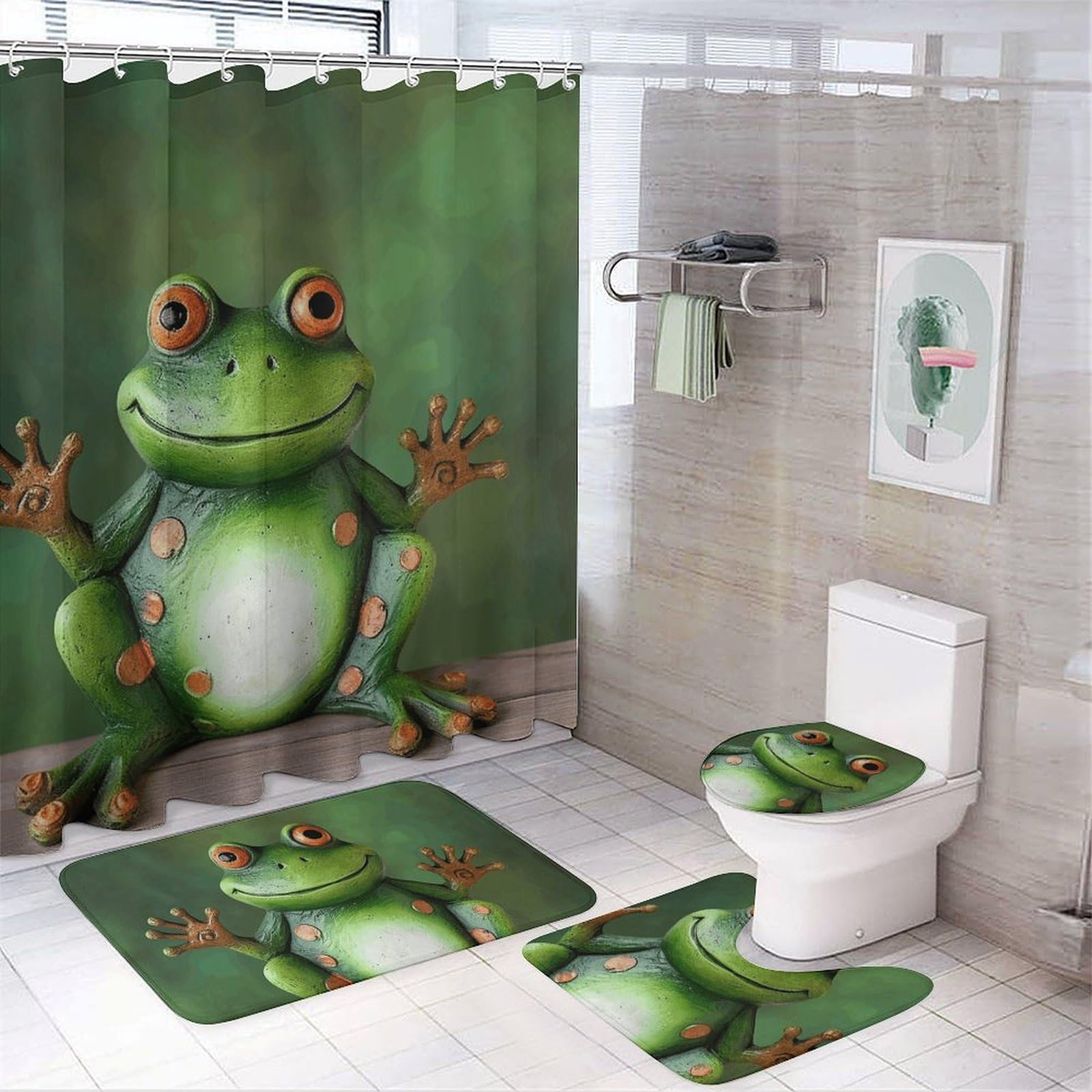 Tapis de bain grenouille absorbant en polaire et rideau Oxford