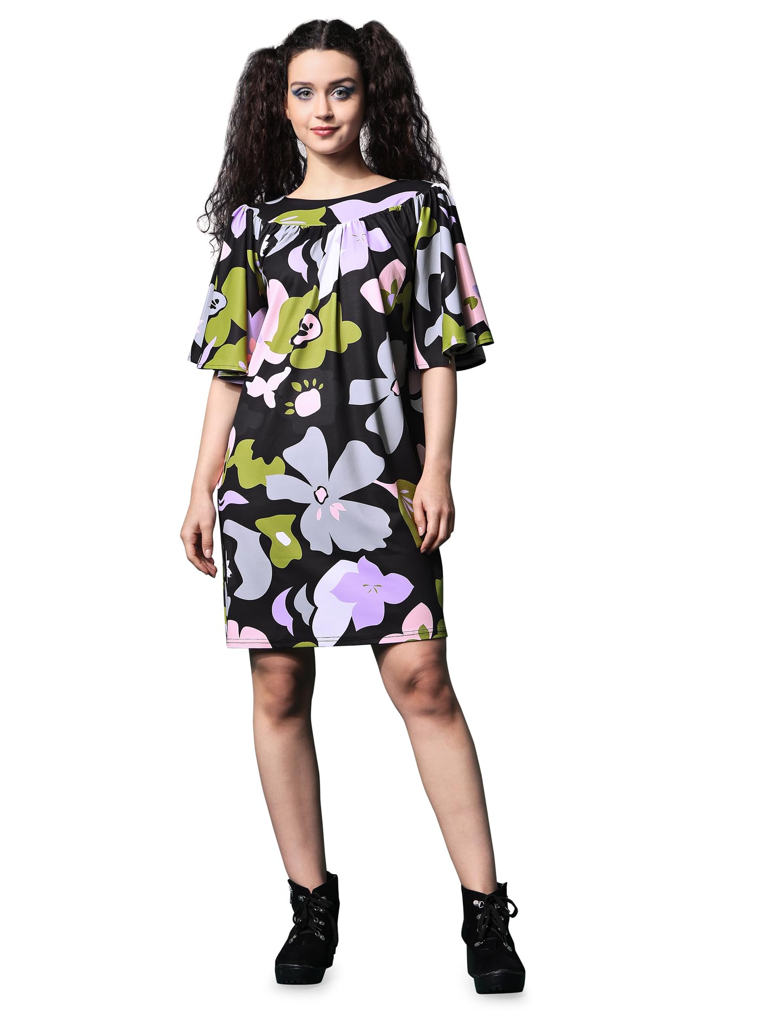 Purvaja Womens Ruffle Above Knee Length Dress (Wini-087-Blacky_Black_Large)