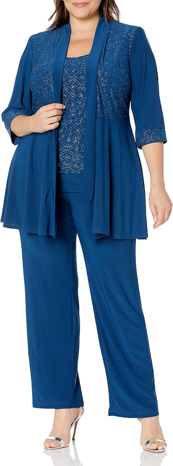 R&M Richards Women's Plus Size Two Piece Glitter and Lace Pant Set Large