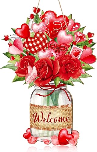 Menkxi Letrero colgante de madera con forma de florero para el día de San Valentín, decoración de madera para el día de San Valentín, decoración