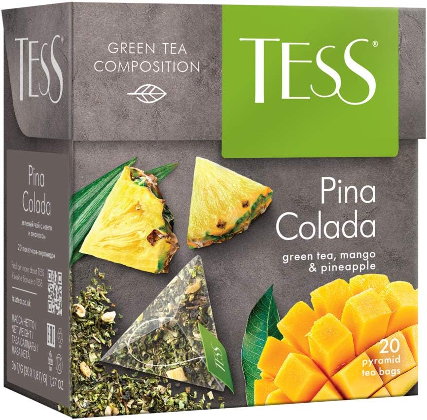 Green Tea TESS Pina Colada Mango and Pineapple Beverages Grocery Gourmet Food 20 pyramids of Tea Bags