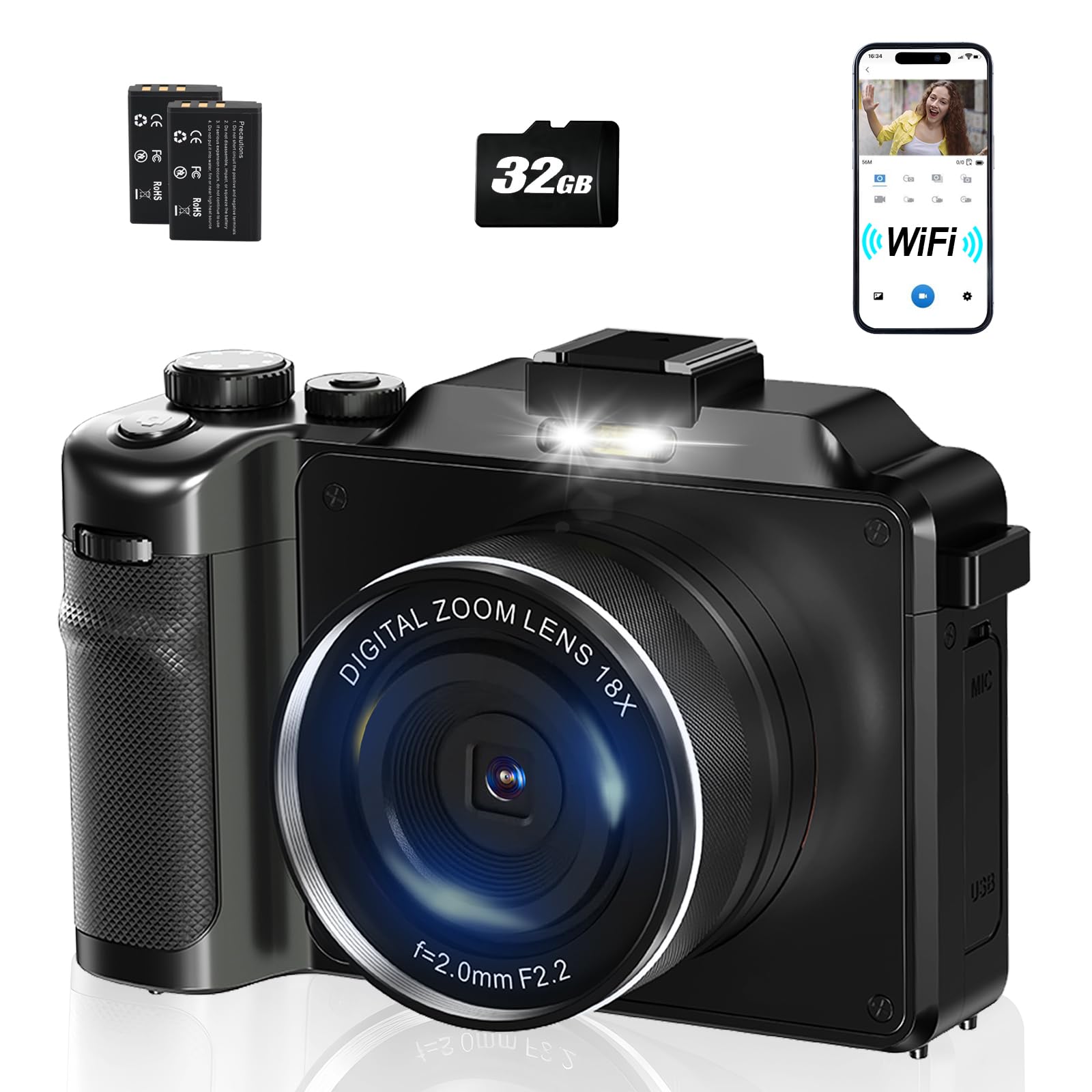 Cámara digital 4K para fotografía con WiFi, 2 baterías, tarjeta TF de 32 G, cámara de vlogging, zoom digital de 18X, lente macro de enfoque automático, videocámara integrada con micrófono y altavoz