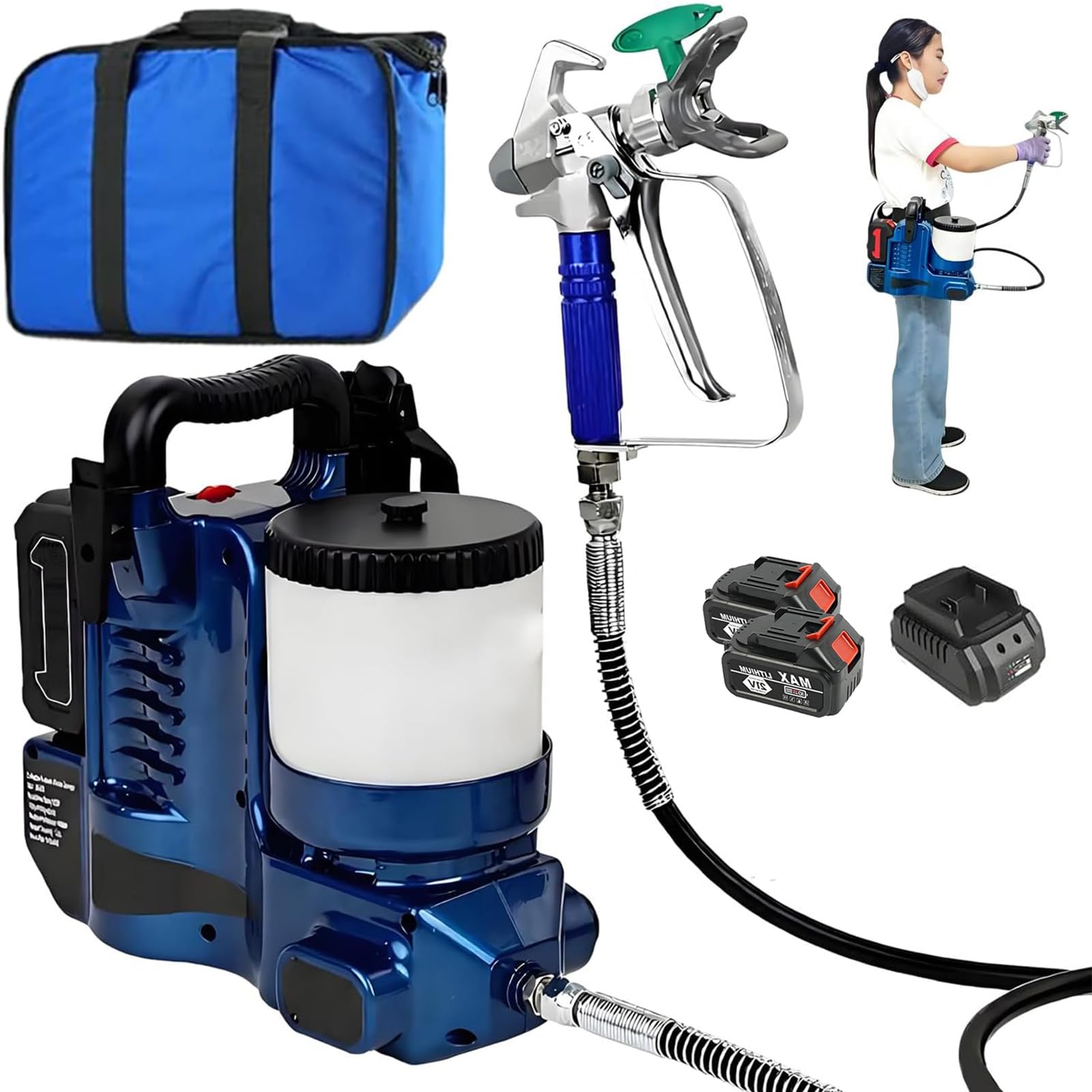 JIANGYUXINLI High-Pressure Airless Paint Sprayer, 650W Cordless Airless Spraying Machine with 21V Lithium Batteries, 6-Speed Adjustment, 514 Nozzle, 1.2L Hopper, 1.1L/Min, 15MPa, for House Painting