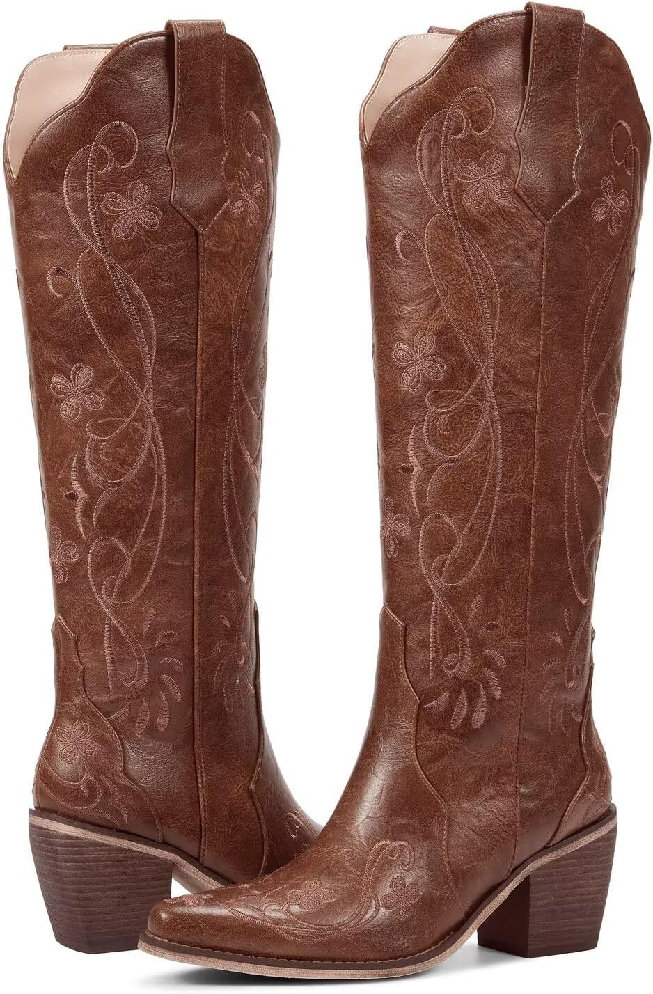 wetkiss Cowboy Boots for Women Knee High Cowgirl Boots, Western Boots with Floral Embroidered Pointed Toe Chunky Heel Pull On Retro Vintage Classic Tall Boots for Ladies - Image 4