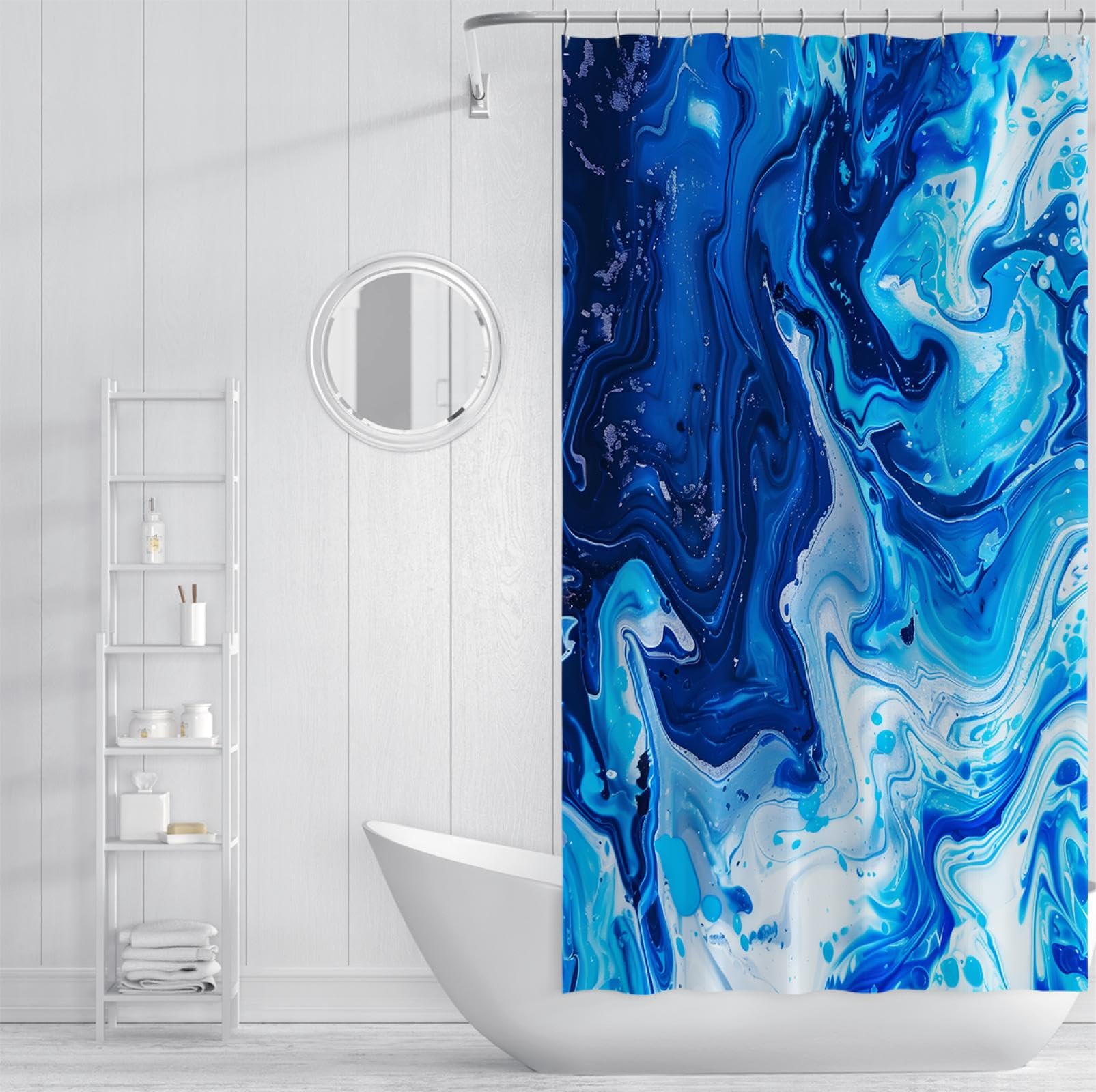 Hellblauer Marmor Waschbarer Duschvorhang Moderner Stoff-Badewannenvorhang mit Haken Wasser Wellen Muster Duschvorhang Liner 180x180