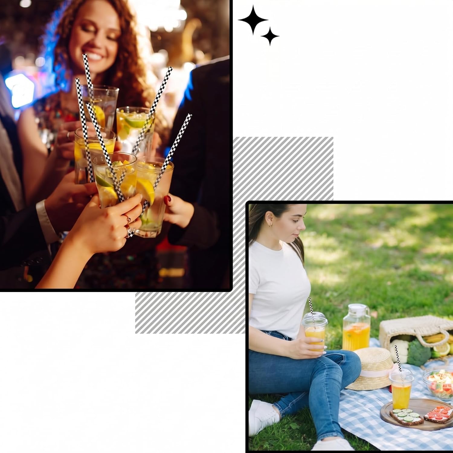 Domensi 100 Pcs Plastic Straws Disposable Drinking Plastic Straws Reusable Striped Flag Summer Party Supplies for Birthday Decoration (Black and White Checkered)