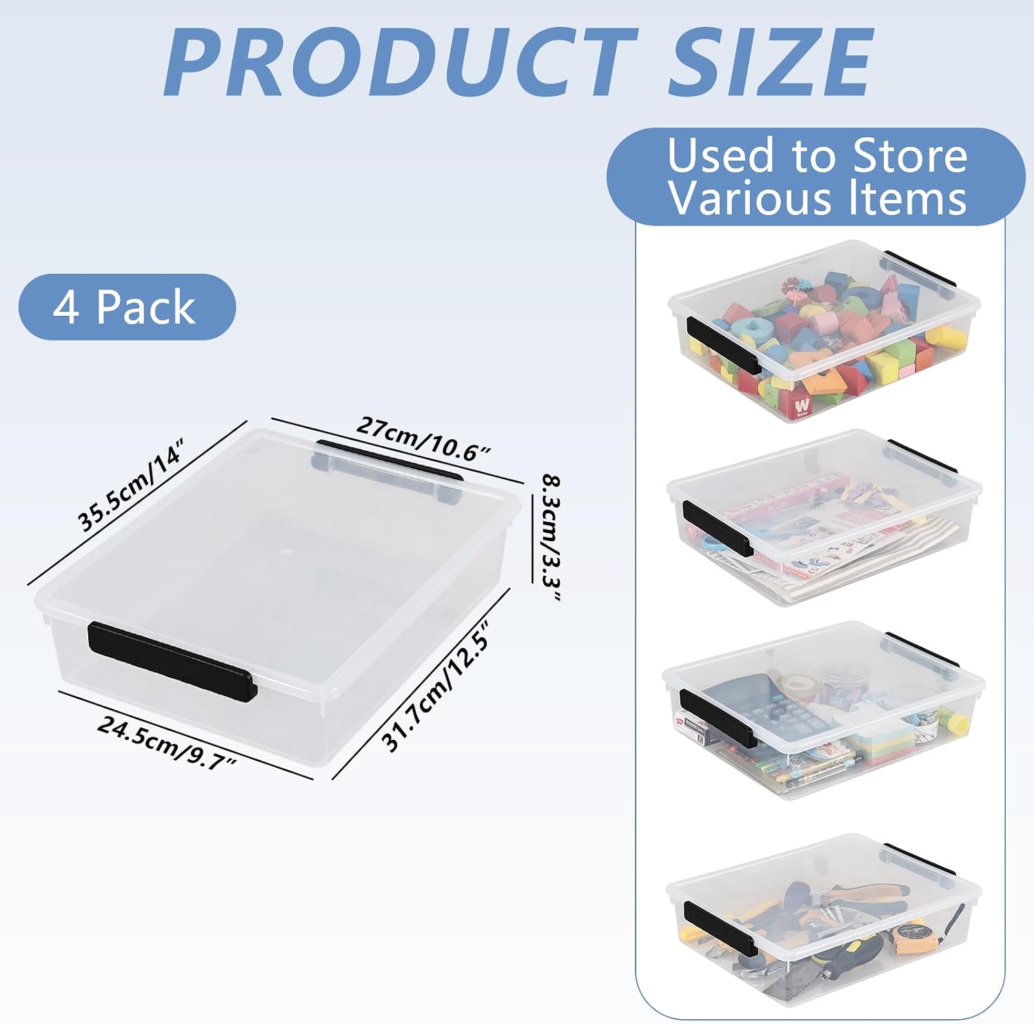 Wekioger 6 Quart Clear Flat Organizer Box with Lid, Plastic File Storage Bin, 4 Pack