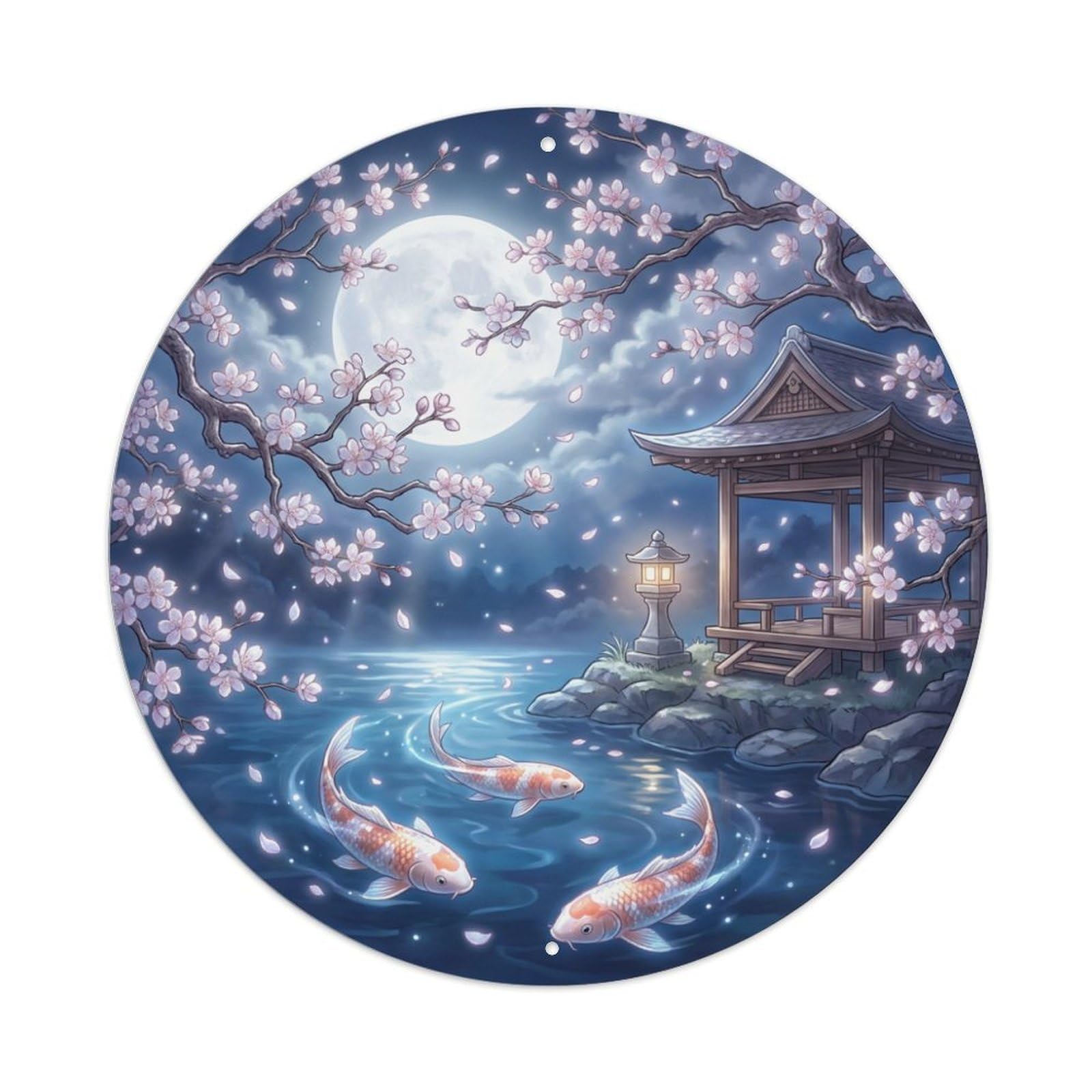 Galvaxio Style Japanese Koi Fish Sakura Moonlight Silver Bloom Metal Tin Sign
