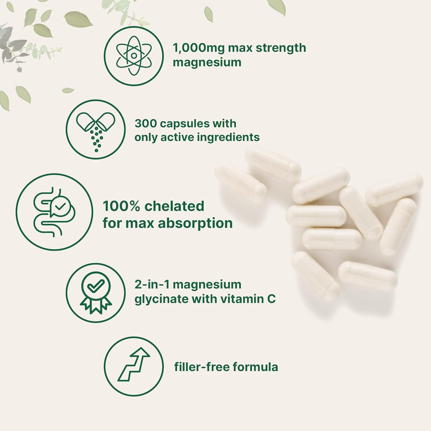 Pure Magnesium Glycinate 1,000mg, 300 Capsules | 100% Chelated for Max Absorption | Enhanced with Vitamin C | Only Uses Active Ingredients - Image 3