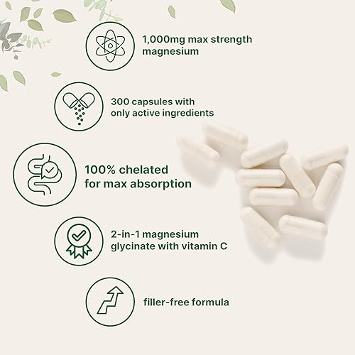 Miniatura 3 de Glicinato de magnesio puro 1,000 mg, 300 cápsulas | 100% quelado para una máxima absorción | Apoyo para el sueño, la salud muscular, del corazón y
