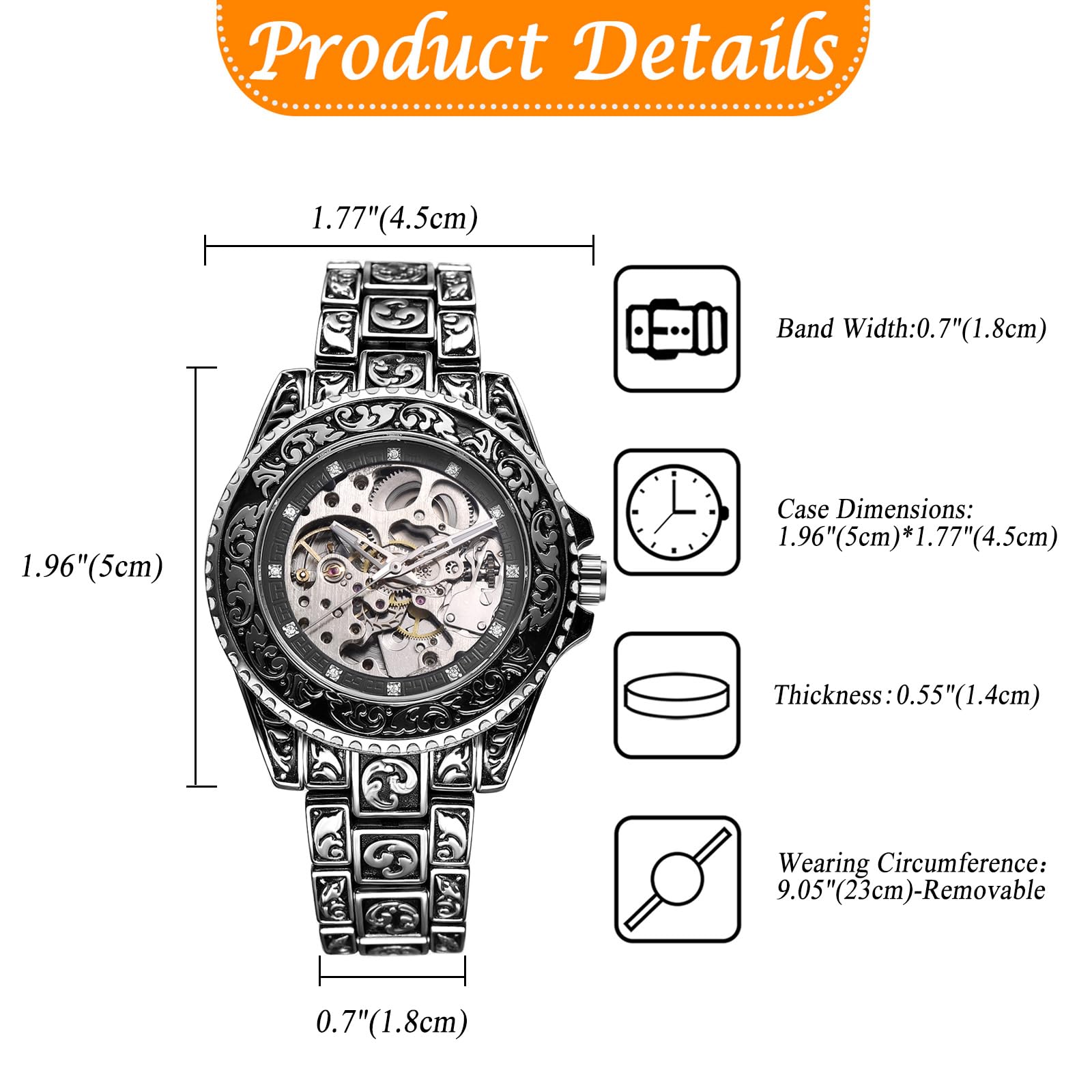 JewelryWe Zegarek męski w stylu vintage, szkielet, zegarek automatyczny: antyczny srebrny, 36 godzin rezerwy biegów, automatyczny, mechaniczny, zegarek na rękę, stal nierdzewna, automatyczny zegarek