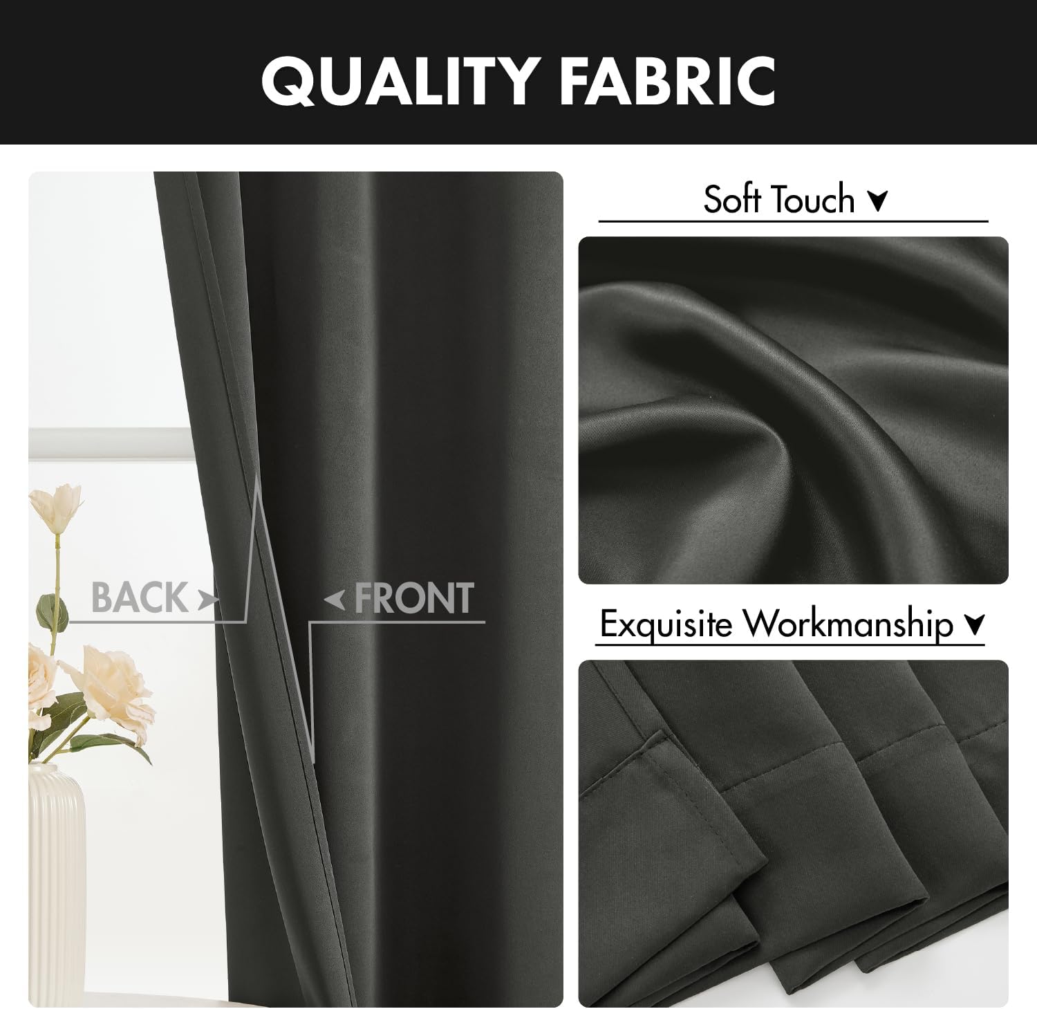 MIULEE Blackout Curtains 4 Panels Sets Dark Grey 63 Inch Length, Top and Bottom Rod Pocket Room Darkening Curtains for Bedroom Windows, 4 Pack Solid Thermal Insulated Light Blocking Curtain Drapes