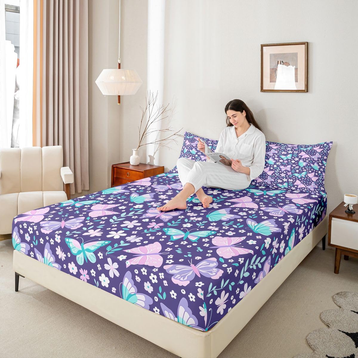 Homemissing Sábana bajera ajustable con 2 fundas de almohada, tamaño King, con estampado de mariposas moradas de 16 pulgadas de profundidad, sábana bajera ajustable para niños y niñas, bonita ropa de