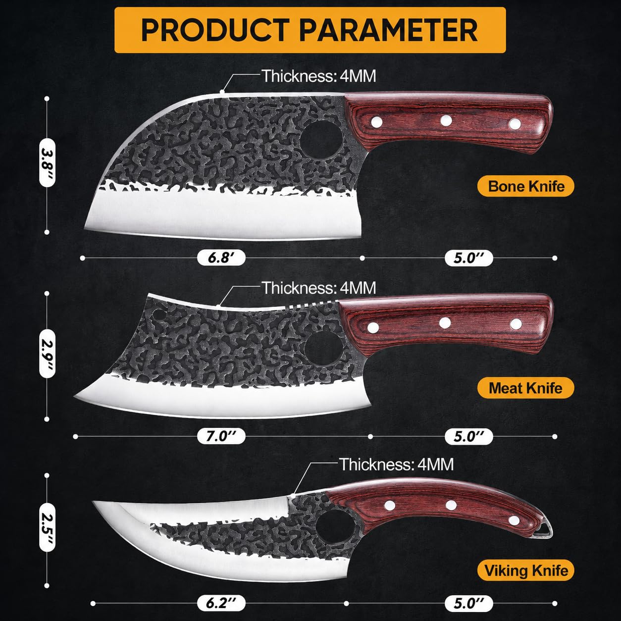 KITNATS 3PCS Hand Forged Butcher Knife Set, Full Tang Viking Kitchen Knives — Amazon image 6