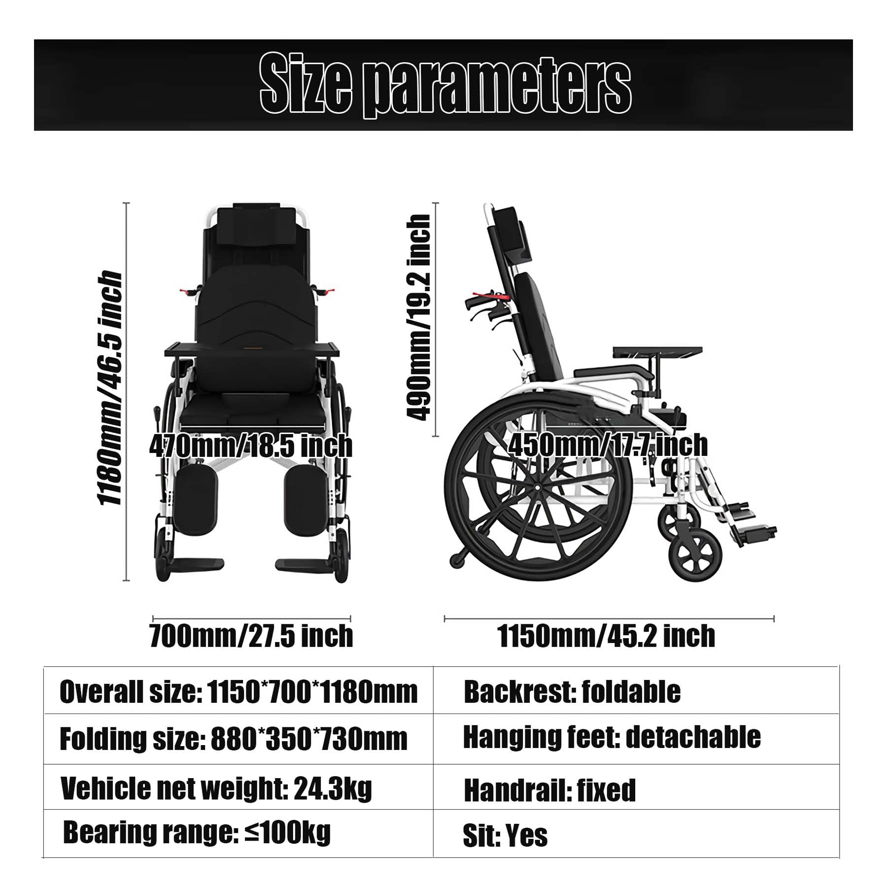 Silla de Ruedas reclinable Deportiva Liviana Silla de Transporte Plegable con Asiento de 18 Pulgadas reposapiés abatible Silla de Ruedas reclinable de 180 ° Silla de Ruedas para Adultos 24 "x 7"