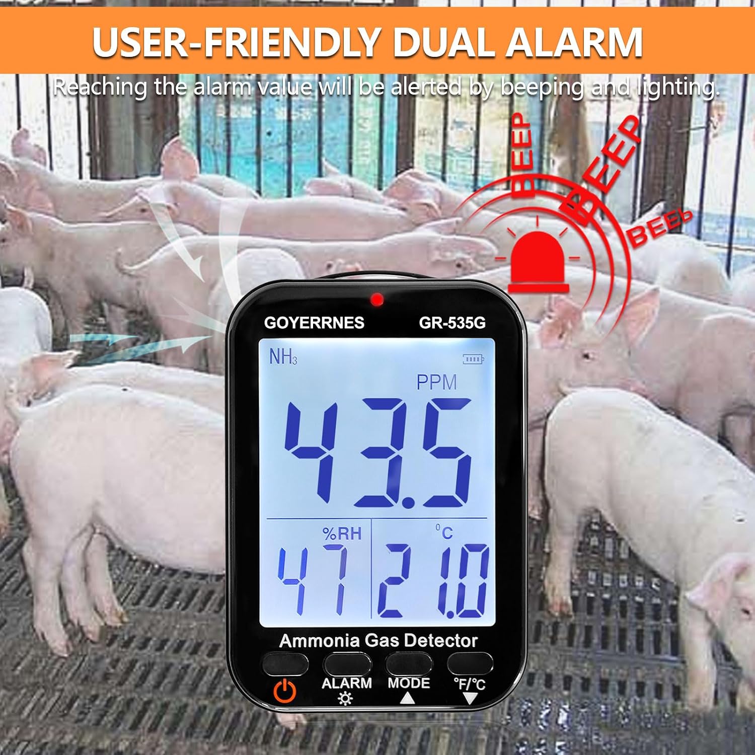 Ammonia Gas Meter Detector, NH3 Gas Monitor Sensor with Range 0-100 ppm, Portable Air Quality Detector Meter for Farm, Poultry, Pig & Livestock (Rechargeable)
